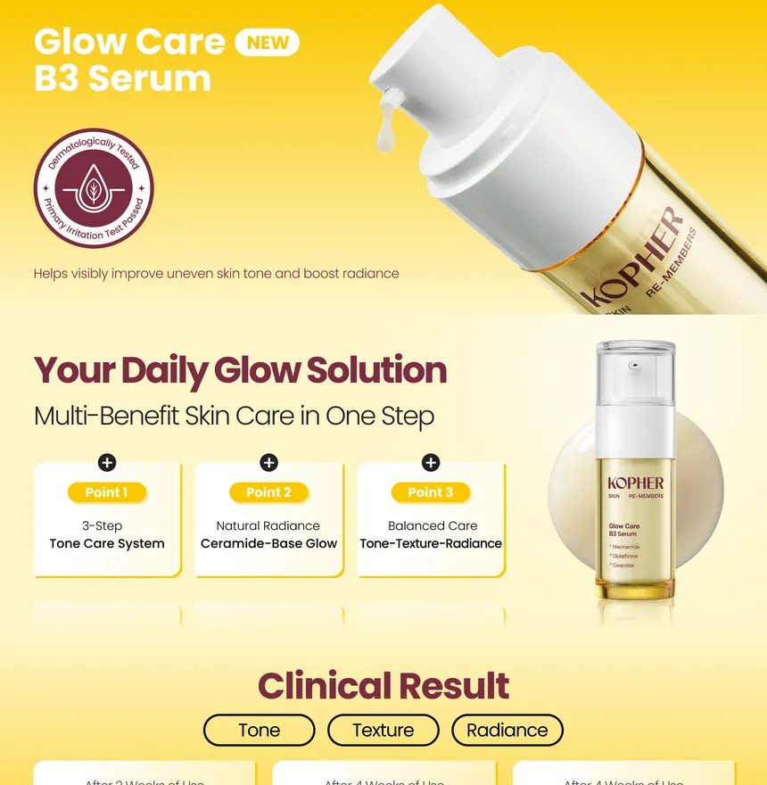 KOPHER Glow Care B3 Serum sejas serums gludai, vienmērīgai un mirdzošai ādai 30ml — изображение 2